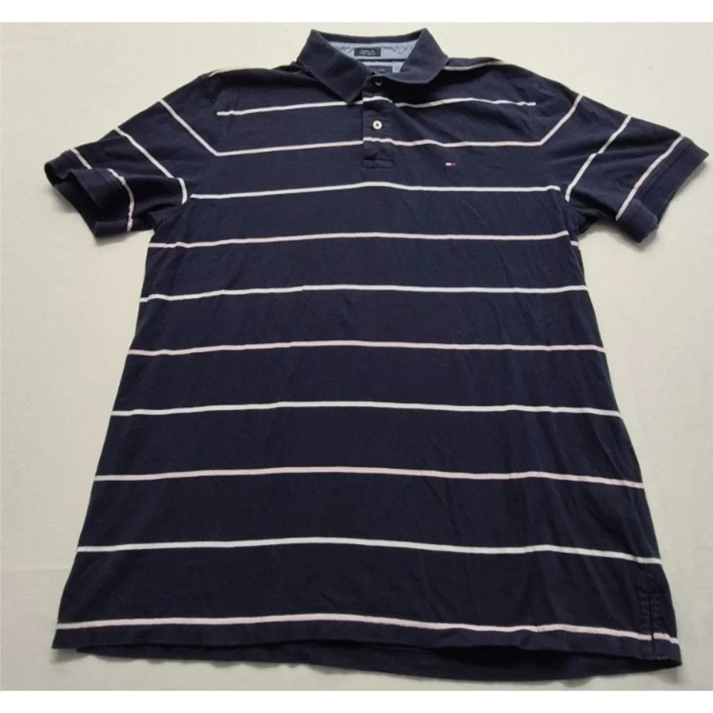Tommy Hilfiger men's navy blue striped polo shirt XL 100% Cotton Custom Fit